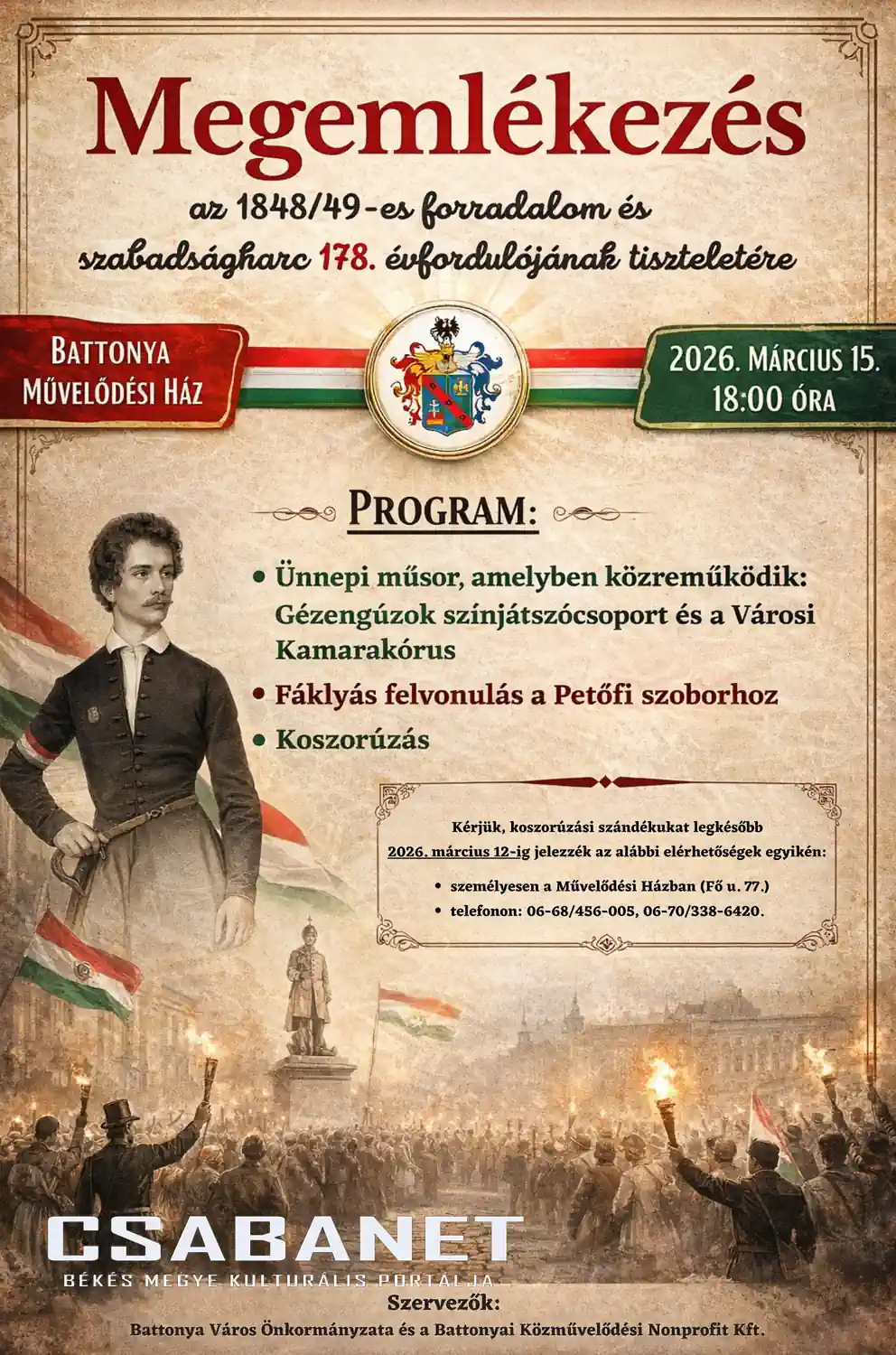 Megemlékezés az 1848/49-es forradalom és szabadságharc 178. évfordulójának tiszteletére Battonyán - Plakát