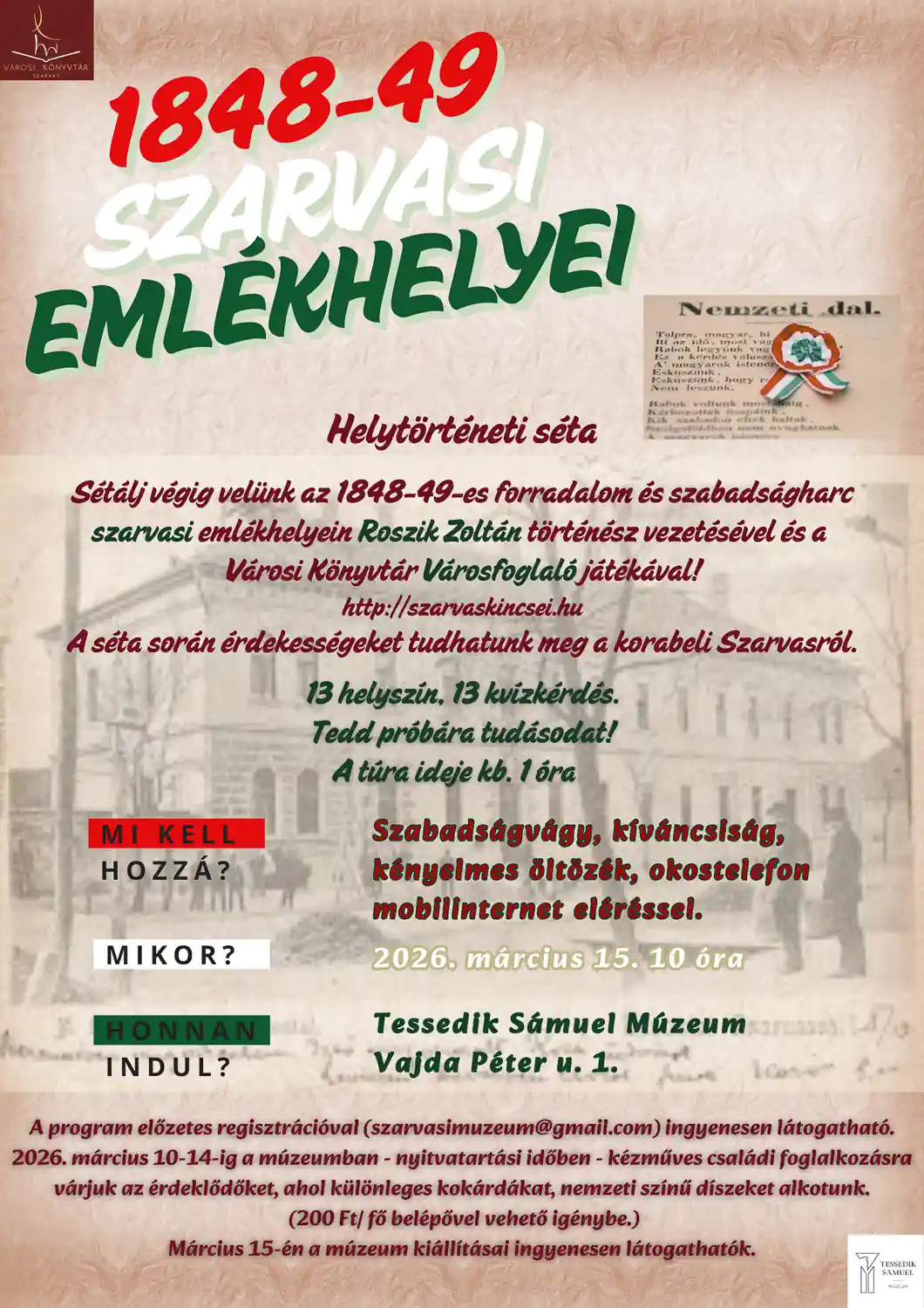 Helytörténeti séta - Szarvas, 2026. március 15.