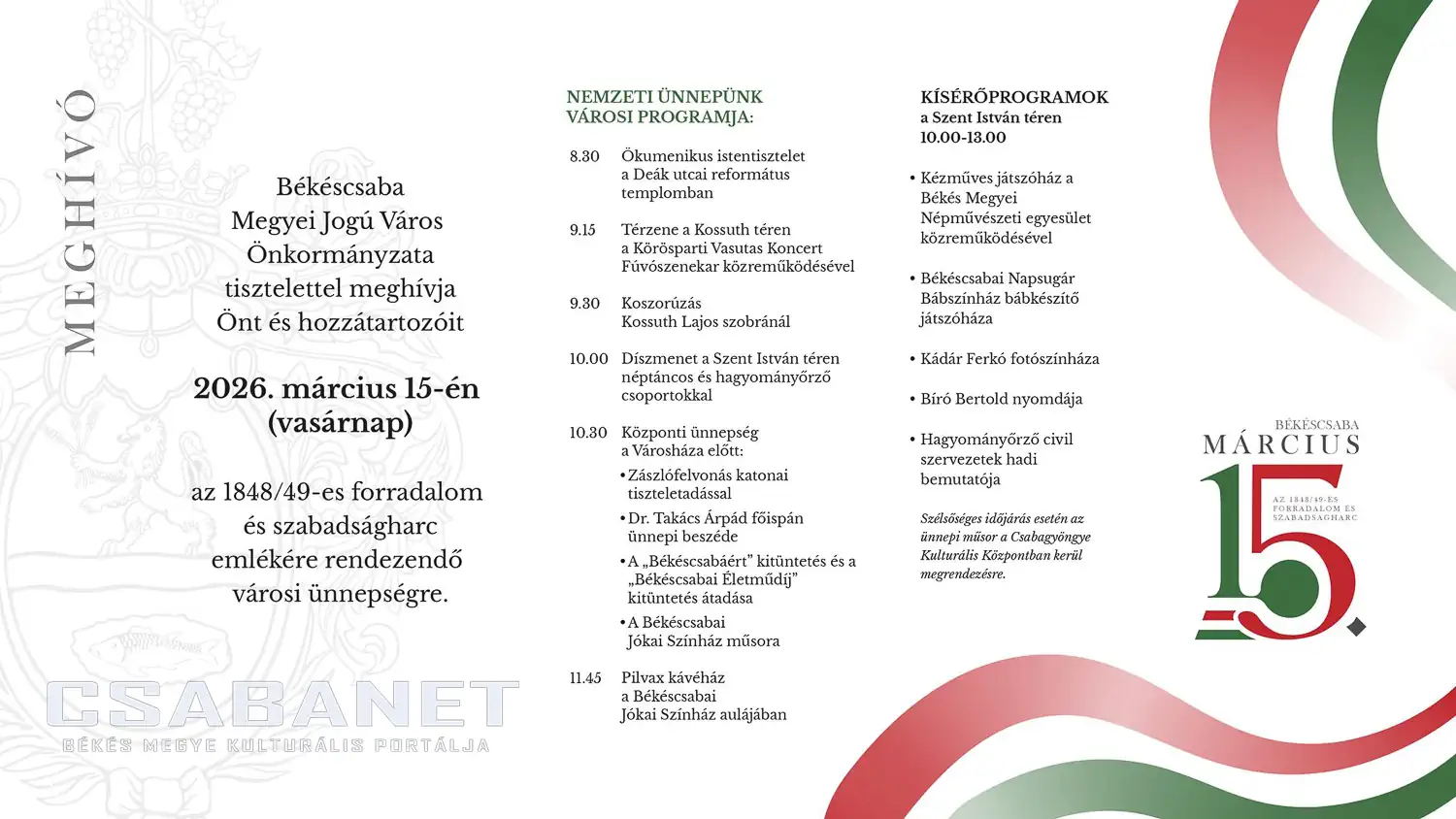 Programok Békéscsabán 2026. március 15-én